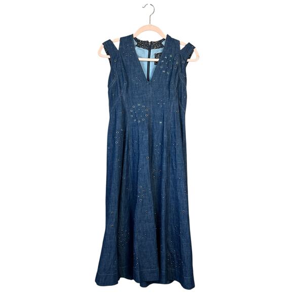 BY ANTHROPOLOGIE Grommet Denim Midi Dress Western Rodeo Flare Studded Size 4P - Picture 4 of 12